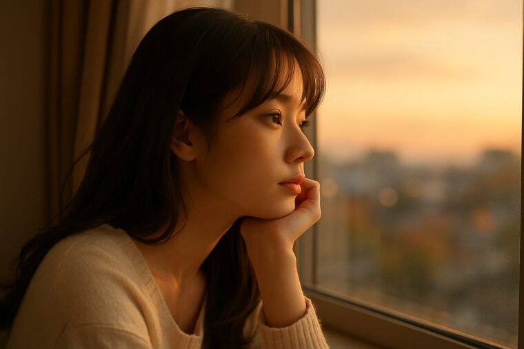 外を眺める女性