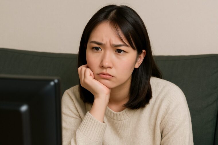 テレビを見て疑問を持つ女性